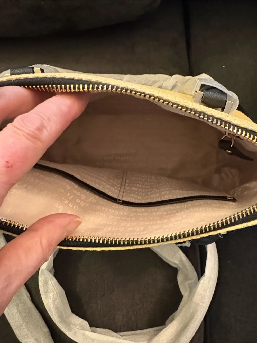 kate spade Cream Straw and Black Leather Satchel